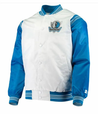 Dallas Mavericks Full-Snap Varsity Blue and White Satin Men's Bomber Jacket
