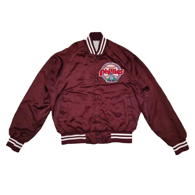 90’s Philadelphia Phillies Maroon Satin Bomber Full-Snap Men's Jacket