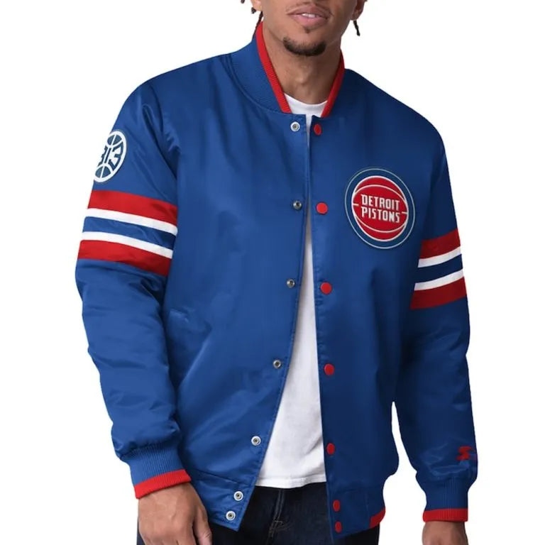 Detroit Pistons Scout I Full-Snap Varsity Royal Blue Satin Men's Bomber Jacket