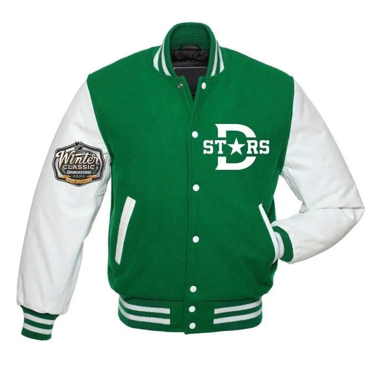Dallas Stars Green Wool & White Genuine Leather Sleeves Men's Letterman Varsity Jacket