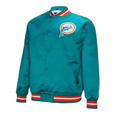 Miami Dolphins Double Down Full-Snap Varsity Aqua Satin Men's Bomber Jacket
