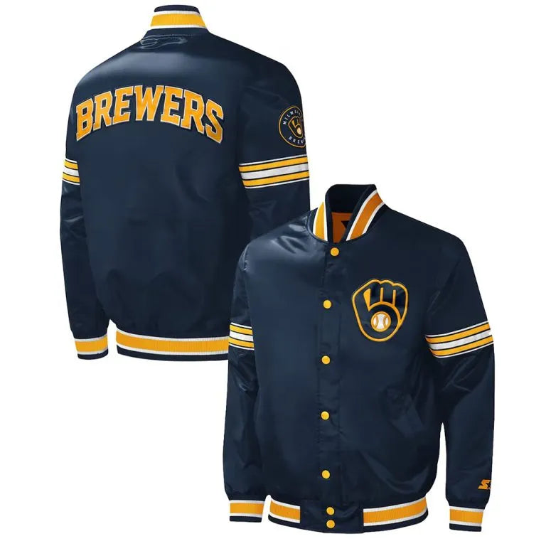 Midfield Milwaukee Brewers Full-Snap Navy Blue Satin Men's Jacket