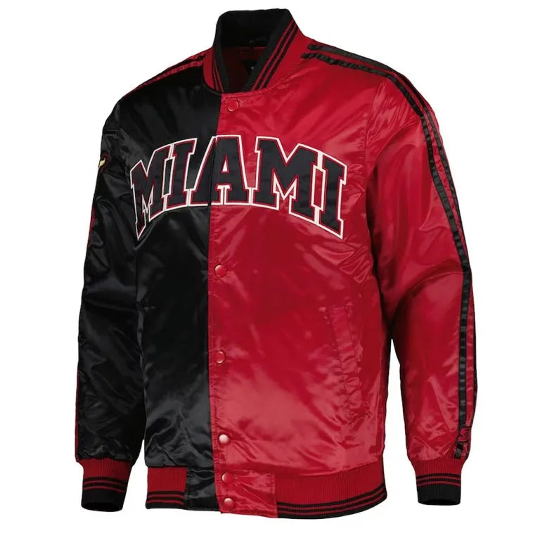 Miami Heat Fast Break Full-Snap Varsity Black/Red Satin Men's Bomber Jacket