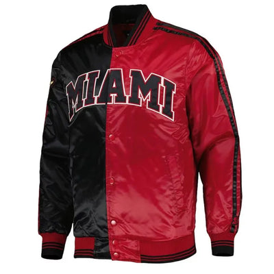 Miami Heat Fast Break Full-Snap Varsity Black/Red Satin Men's Bomber Jacket