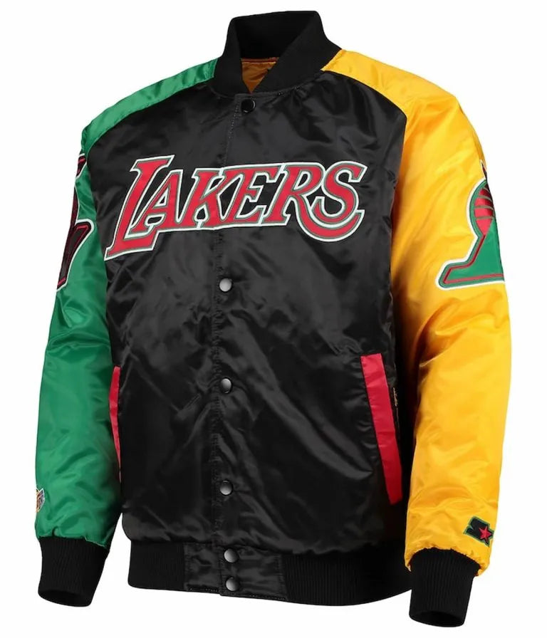 Los Angeles Lakers Ty Mopkins Full-Snap Varsity Tri Color Satin Men's Bomber Jacket