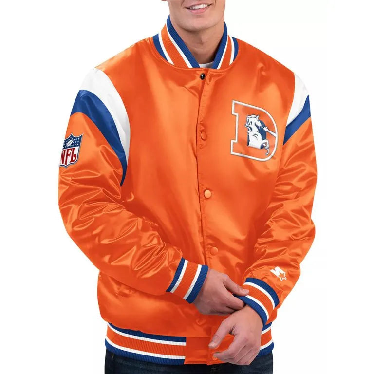 Denver Broncos Shutout Throwback Full-Snap Varsity Orange Satin Men's Bomber Jacket