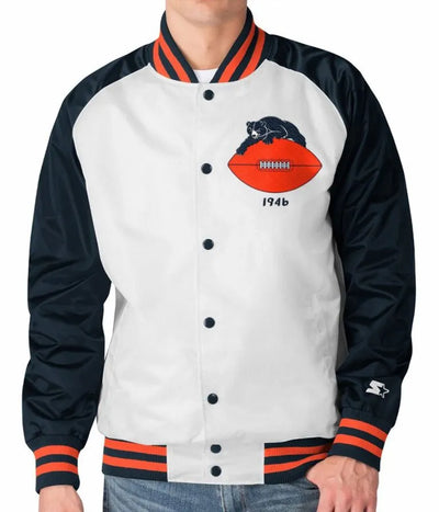 Chicago Bears Clean Up Throwback Full-Snap Varsity Navy Blue and White Satin Men's Bomber Jacket