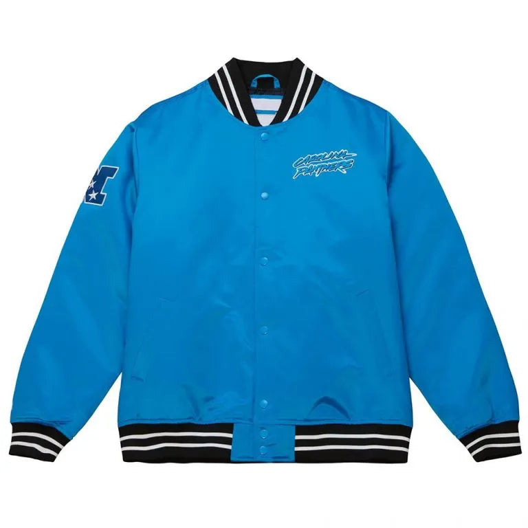Carolina Panthers Heavyweight Full-Snap Varsity Blue Satin Men's Bomber Jacket