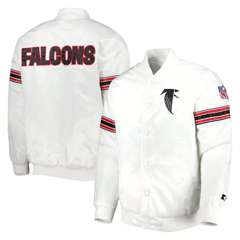 Atlanta Falcons The Power Forward Full-Snap Varsity White Satin Men's Bomber Jacket