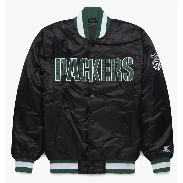 Green Bay Packers Full-Snap Varsity Black Satin Men's Bomber Jacket