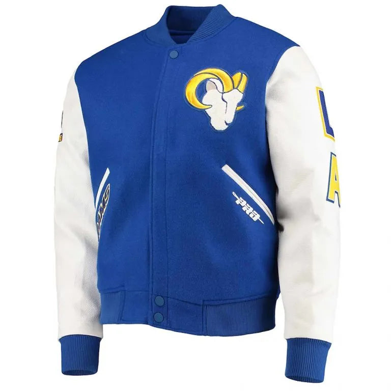 Los Angeles Rams Logo Royal Blue Wool and White Genuine Leather Sleeves Men's Varsity Letterman Jacket