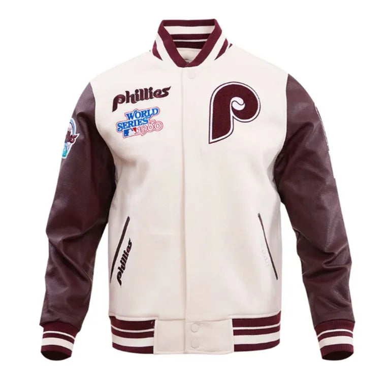 Philadelphia Phillies White Wool & Wine Leather Sleeves Varsity Men's Jacket