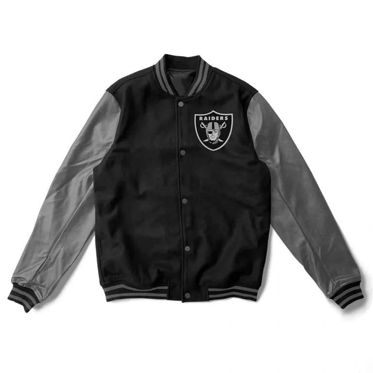 Los Vegas Raiders Black Wool and Gray Genuine Leather Sleeves Men's Varsity Letterman Jacket