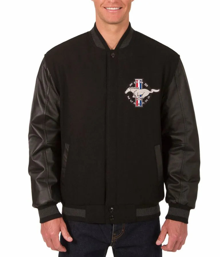 LA Dodgers Ford Mustang Black Wool and Leather Men's Jacket