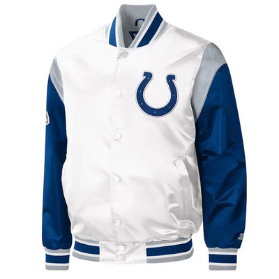 Indianapolis Colts Throwback Warm Up Pitch Full-Snap Varsity White and Blue Satin Men's Bomber Jacket