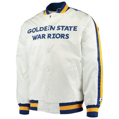 Golden State Warriors The Defensive Full-Snap Varsity White Satin Men's Bomber Jacket
