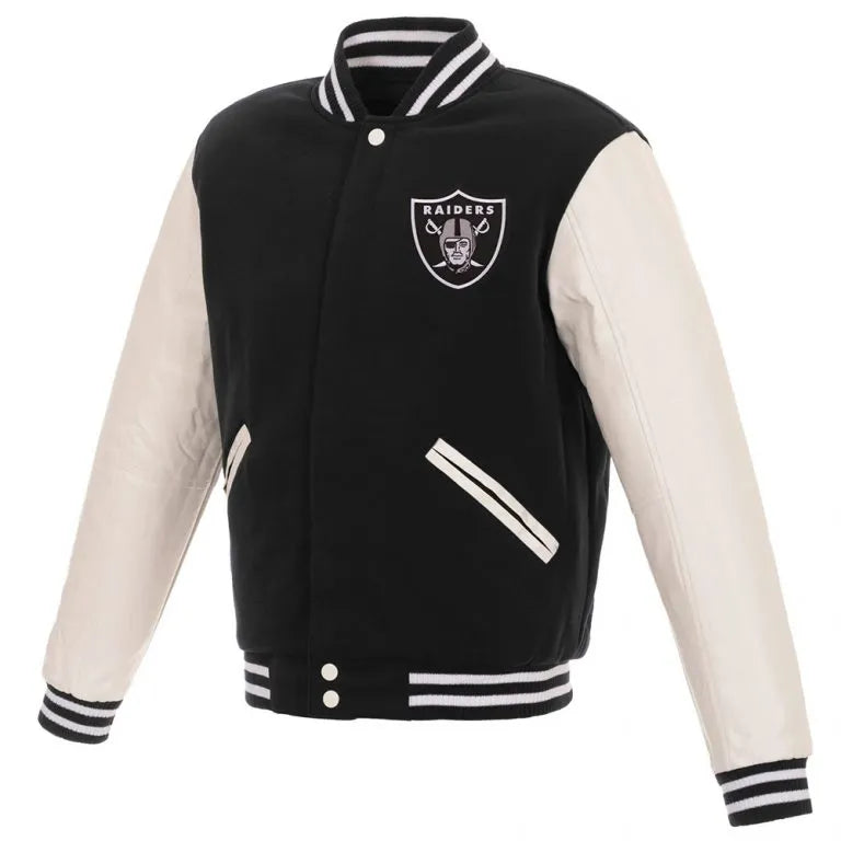 Los Vegas Raiders Black Wool and White Genuine Leather Sleeves Men's Varsity Letterman Jacket