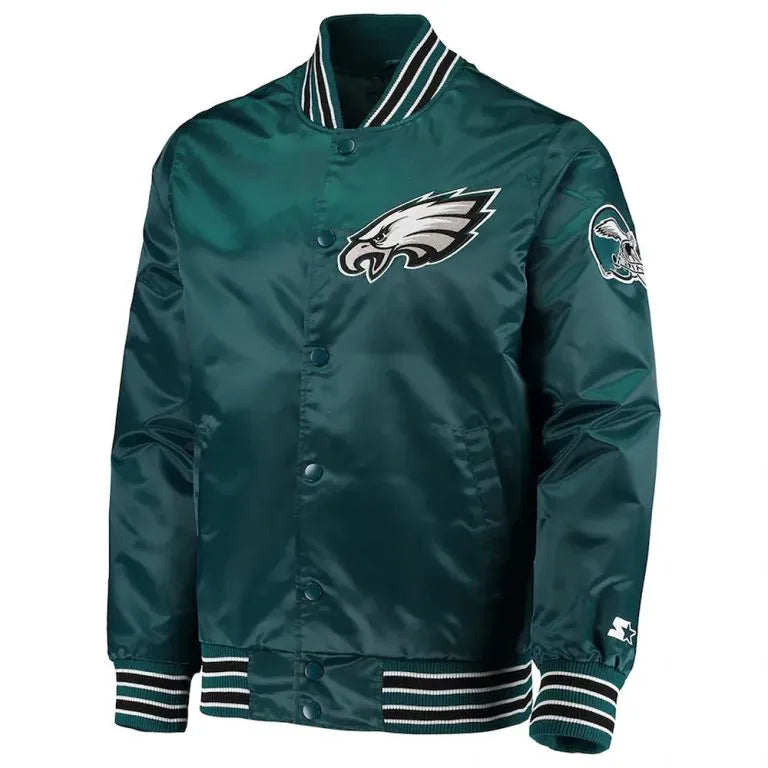 Philadelphia Eagles The Diamond Full-Snap Varsity Midnight Green Satin Men's Bomber Jacket