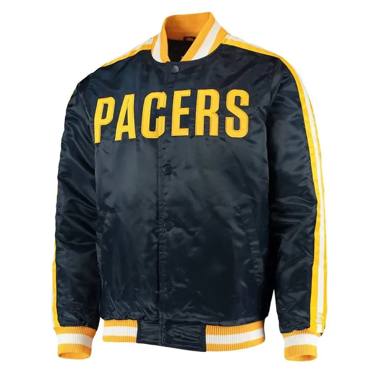 Indiana Pacers The Offensive Full-Snap Varsity Navy Blue Satin Men's Bomber Jacket
