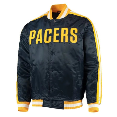Indiana Pacers The Offensive Full-Snap Varsity Navy Blue Satin Men's Bomber Jacket
