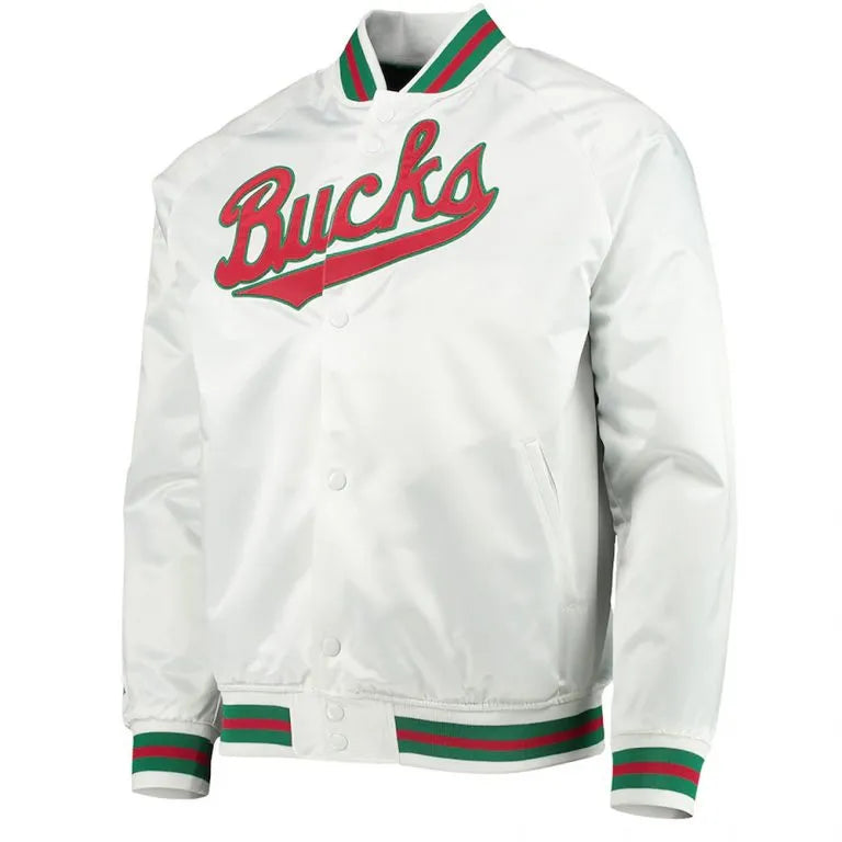 Milwaukee Bucks Hardwood Classics Full-Snap Varsity White Satin Men's Bomber Jacket