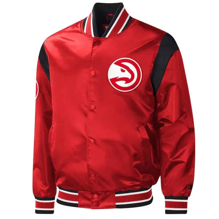 Atlanta Hawks Force Play Full-Snap Varsity Red Satin Men's Bomber Jacket