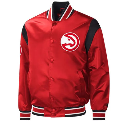 Atlanta Hawks Force Play Full-Snap Varsity Red Satin Men's Bomber Jacket