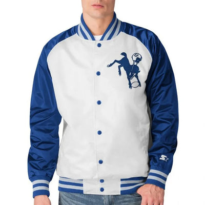 Indianapolis Colts Throwback Full-Snap Varsity White and Blue Satin Men's Bomber Jacket