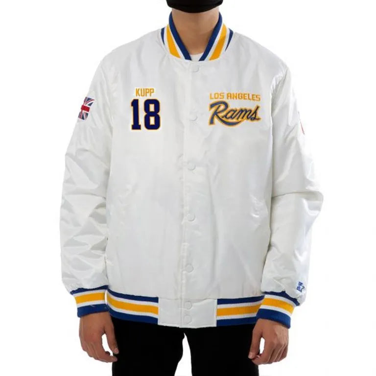 Los Angeles Rams Cooper Kupp Full-Snap Varsity White Satin Men's Bomber Jacket