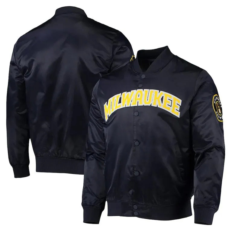 Milwaukee Brewers Wordmark Navy Blue Full Snap Satin Men's Jacket