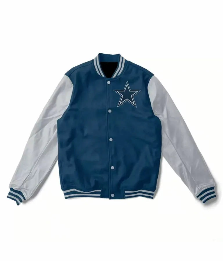 Dallas Cowboys Blue Wool & Gray Genuine Leather Sleeves Men's Varsity Jacket