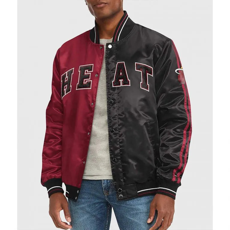 NBA Miami Heat Full-Snap Varsity Black and Red Satin Men's Bomber Jacket