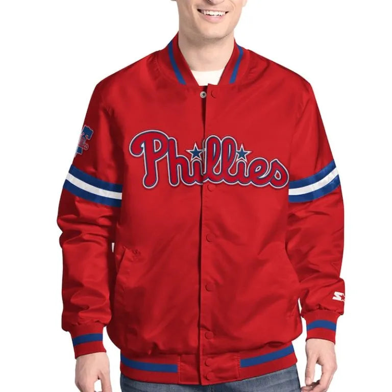 Philadelphia Phillies Scout Full-Snap Red Satin Men's Bomber Jacket