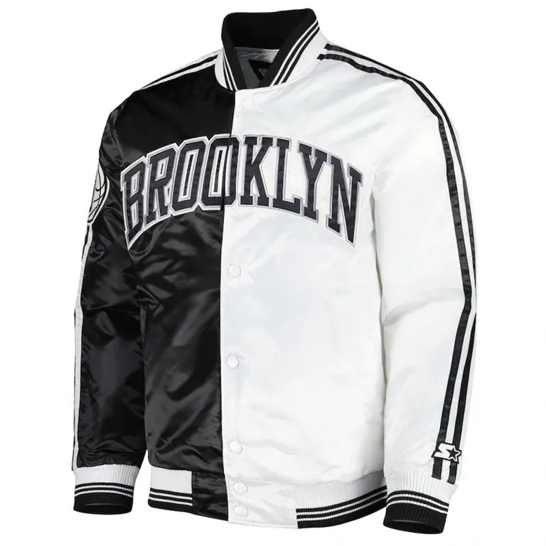 Brooklyn Nets Fast Break Full-Snap Varsity Black/White Satin Men's Bomber Jacket