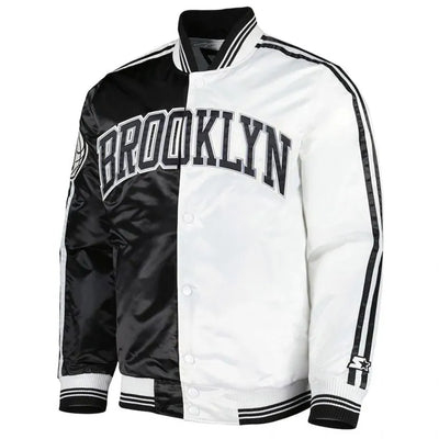 Brooklyn Nets Fast Break Full-Snap Varsity Black/White Satin Men's Bomber Jacket
