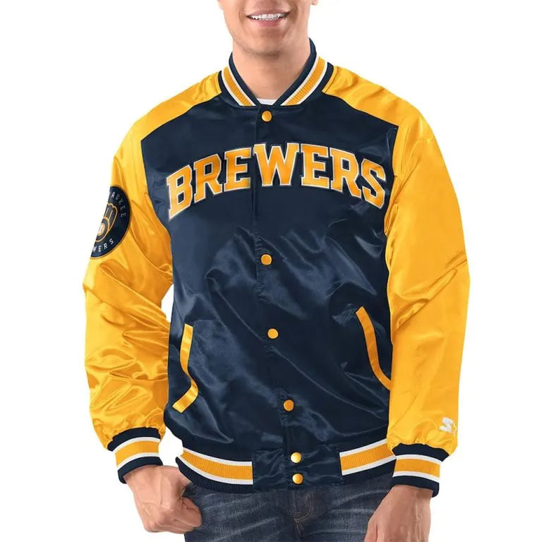 Milwaukee Brewers Renegade Varsity Full-Snap Navy/Gold Satin Men's Jacket