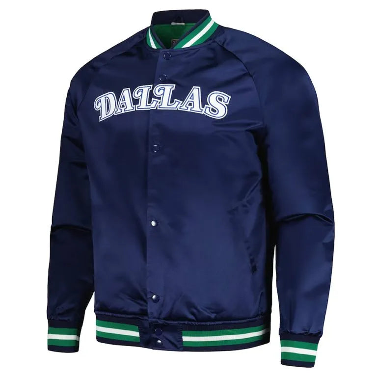 Dallas Mavericks Hardwood Classics Full-Snap Varsity Navy Blue Satin Men's Bomber Jacket