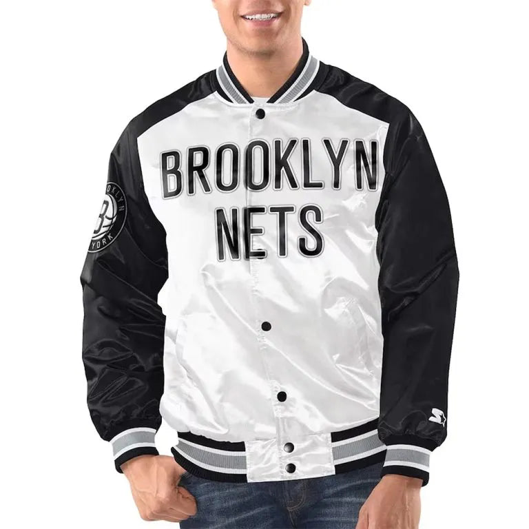 Brooklyn Nets Renegade Full-Snap Varsity White/Black Satin Men's Bomber Jacket