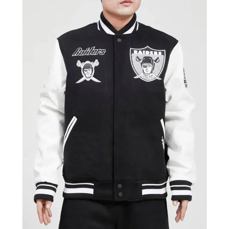 Los Vegas Raiders Pro Black Wool and White Genuine Leather Sleeves Men's Varsity Letterman Jacket