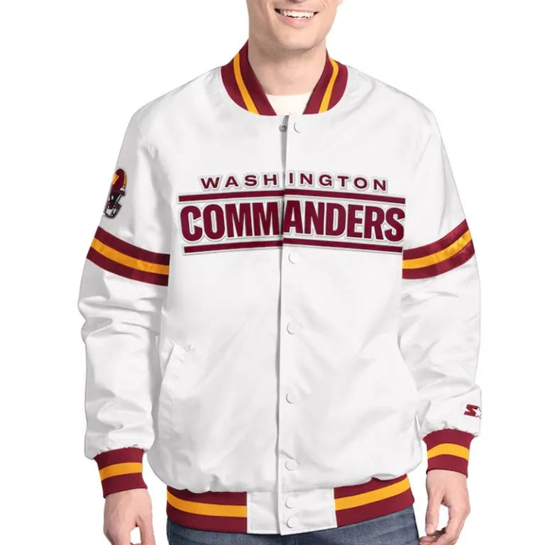Washington Commanders Scout Full-Snap Varsity White Satin Men's Bomber Jacket