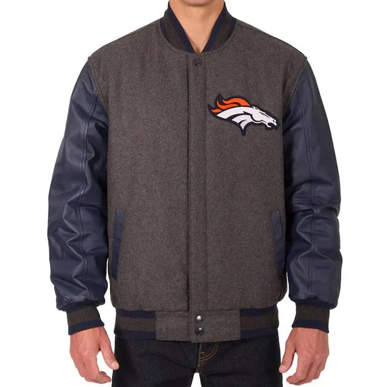 Denver Broncos Charcoal Wool & Navy Blue Genuine Leather Sleeves Men's Varsity Jacket