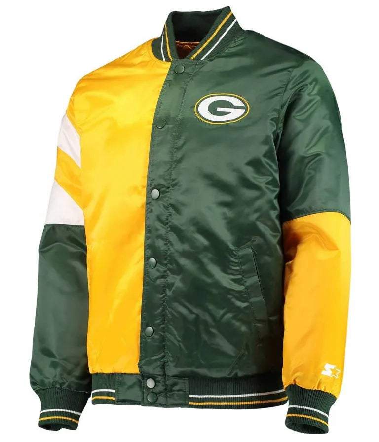Green Bay Packers Leader Full-Snap Varsity Yellow and Green Satin Men's Bomber Jacket
