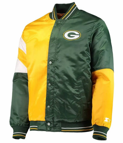 Green Bay Packers Leader Full-Snap Varsity Yellow and Green Satin Men's Bomber Jacket