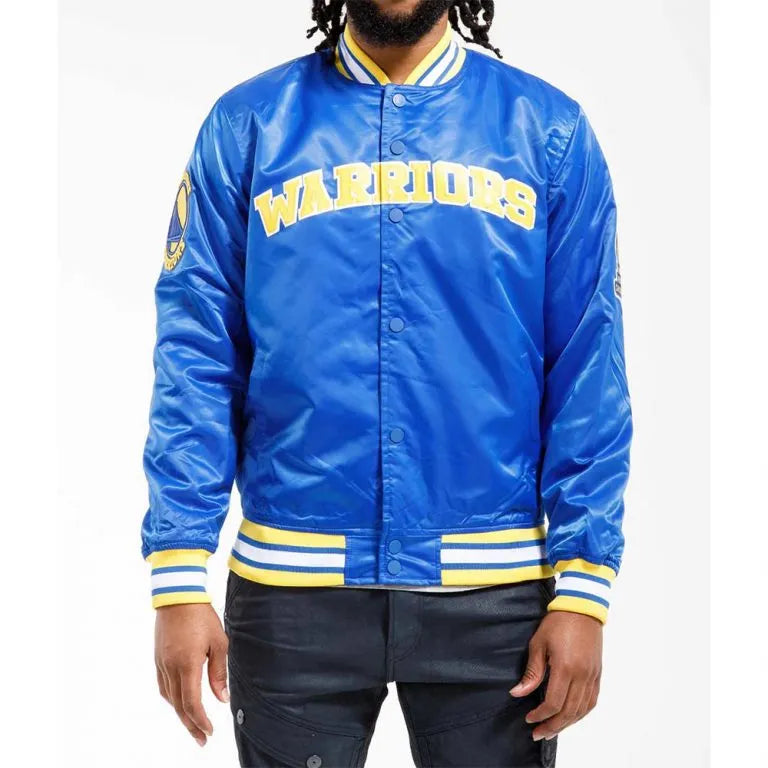 Golden State Warriors Full-Snap Varsity Royal Blue Satin Men's Bomber Jacket