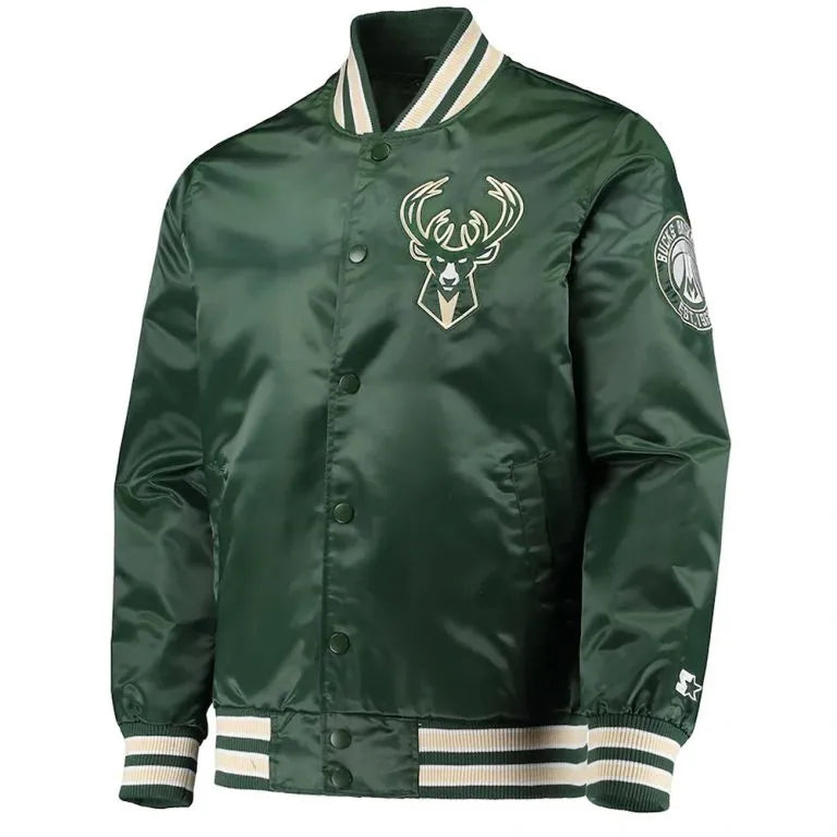 Milwaukee Bucks The Diamond Hunter Full-Snap Varsity Green Satin Men's Bomber Jacket