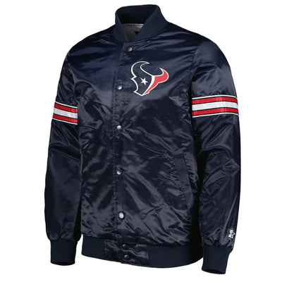 Houston Texan The Pick and Roll Full-Snap Varsity Navy Blue Satin Men's Bomber Jacket