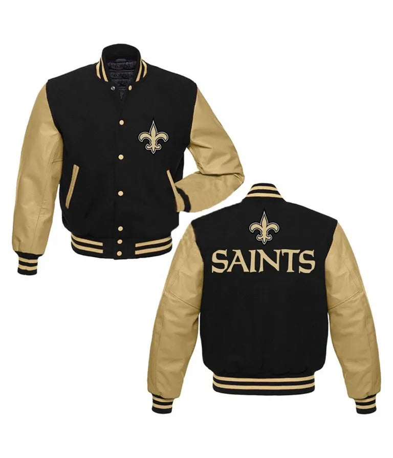 New Orleans Saints Logo Mash Up Black Wool & Gold Genuine Leather Sleeves Men's Varsity Letterman Jacket