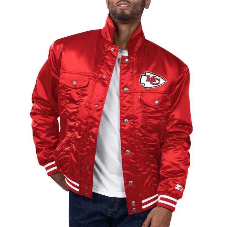 Kansas City Chiefs Silver Tab Trucker Full-Snap Varsity Red Satin Men's Bomber Jacket