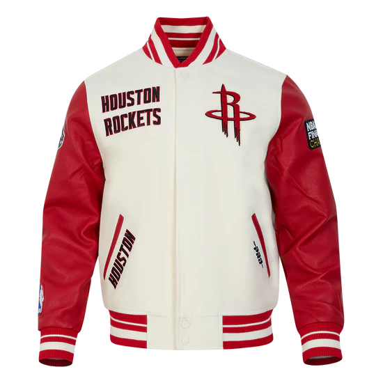 Houston Rockets Retro Classic Rib Varsity Off-White Wool & Red Genuine Leather Sleeves Men's Bomber Jacket