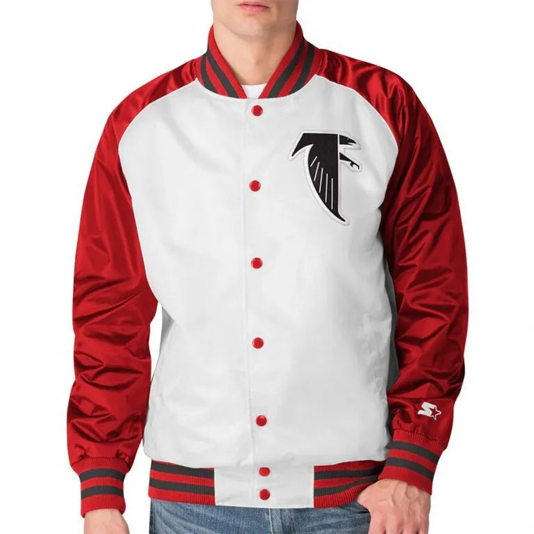Atlanta Falcons Full-Snap Varsity Red and White Satin Men's Bomber Jacket